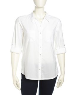 Long Sleeve Button Front Contrast Blouse, White, Womens