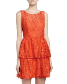 Open Back Tiered Lace Dress, Hot Coral