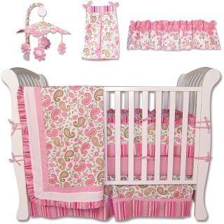 Trend Labs Paisley 7 piece Crib Bedding Set (Pink, sage, moss green, white Thread count: 200 Machine washable Set includes:Coverlet 35 inches wide x 45 inches long Skirt 27 inches high x 50 inches high Short bumper 28 inches long x 10 inches high Long bum