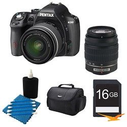 Pentax K 50 Digital SLR Camera Zoom Kit w/ DA L 18 55mm & 50 200mm Lens BLK 16GB