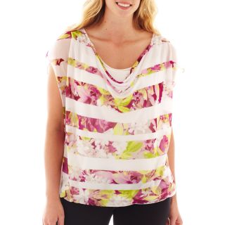 Worthington Cap Sleeve Chiffon Mesh Top   Plus, Floral Stripe