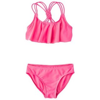 Girls 2 Piece Ruffled Bandeau Bikini Swimsuit Set   Coral XS