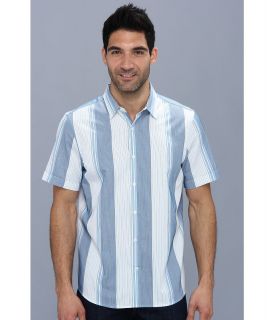 Perry Ellis Short Sleeve Slim Fit Stripe Pattern Shirt Mens Short Sleeve Button Up (Blue)
