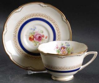 Royal Doulton Ascot Blue (Floral Center,Scallop Line) Footed Cup & Saucer Set, F