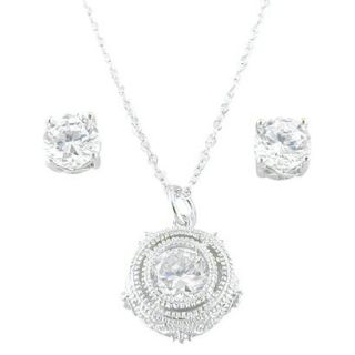 Sterling Silver Cubic Zirconia Filigree Solitaire Necklace And Stud Earrings  