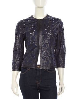Long Sleeve Floral Cutout Leather Jacket, Navy