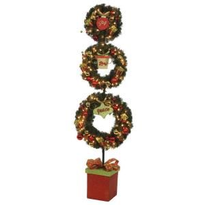 Home Accents Holiday 6 ft. Pre Lit 3 Wreath Christmas Topiary with Poinsettias, Ornaments, and Gifts  DISCONTINUED 1758784