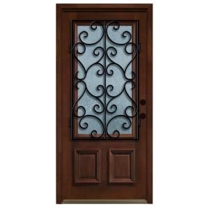 Steves & Sons Decorative Iron Grille 3/4 Lite Stained Mahogany Wood Left Hand Entry Door with 4 in. Wall and Stained Jamb M6201RC CT MJ 4LH
