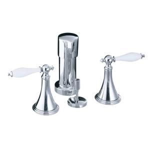 KOHLER Finial 2 Handle Bidet Faucet in Polished Chrome with Lever Handles and White Handle Inserts K 316 4P CP
