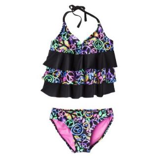 Girls 2 Piece Ruffled Peace Sign Tankini Swimsuit Set   Multi   Black XL
