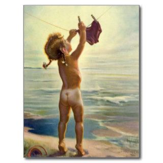 Vintage Cute Child Hanging Laundry at the Beach Postcard