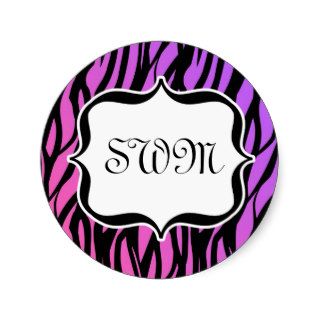 Hot Purple/Pink Zebra Stripes Monogram Round Stickers