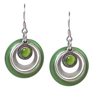 John Michael Richardson Satin Silver Plated Multi Circle Dangle Hoop Earrings with Lime Green Elements: Jewelry