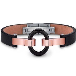 Mens Stainless Steel and Leather Bracelet with Black Ring Peora Jewelry