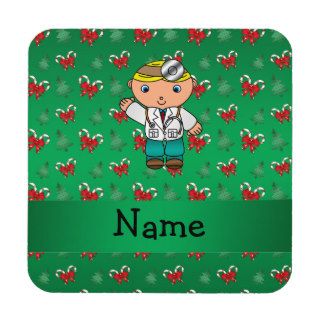 Personalized name doctor green candy canes bows drink coaster