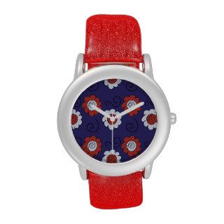 Cute Doodle Red and Blue Decorative Flowers Swirls Watch