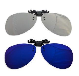 2x Fashion Silver+Royal Blue Mirror Polarized Clip on Flip up AVIATOR Plastic Suglasses for Myopia Glasses Outdoor Driving Fishing 142x50mm Cool  Sports Fan Sunglasses  Sports & Outdoors