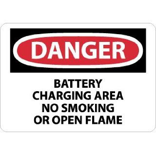 NMC D133R OSHA Sign, Legend "DANGER   BATTERY CHARGING AREA NO SMOKING OR OPEN FLAME", 10" Length x 7" Height, Rigid Plastic, Red/Black on White