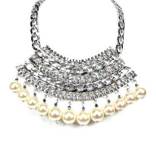 NEW FASHION GREAT GATSBY 1920'S INSPIRED ART DECO VINTAGE STYLE WHITE PEARL COLOR SILVER BEADED PLATE NECKLACE SET WITH RHINESTONE: Chain Necklaces: Jewelry