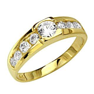 14K Yellow Gold CZ Cubic Zirconia High Polish Finish Men's Wedding Ring Band with Round Side Stone: The World Jewelry Center: Jewelry