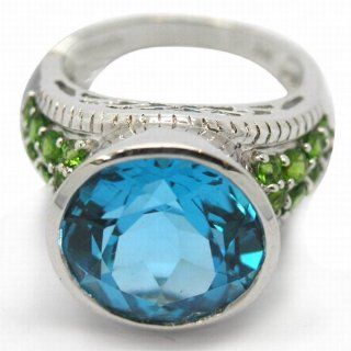 De Buman Sterling Silver Genuine Swiss Blue Topaz and Diopside Ring Size 7: Jewelry