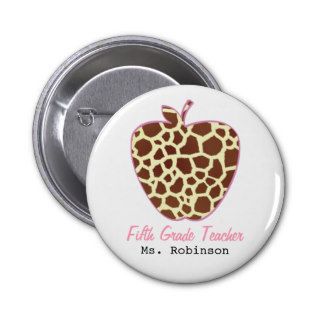 Fifth Grade Teacher Giraffe Print Apple Button