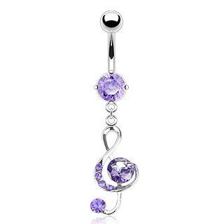 316L Surgical Steel Multi Tanzanite(Purple) Colored Cubic Zirconia G Clef Music Note with Star Belly Ring, 14G (1.6mm), 3/8" in Length  Sold Individually: Jewelry