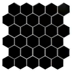 Merola Tile Metro Hex 2 in. Glossy Black 10 1/2 in. x 11 in. x 5mm Porcelain Mosaic Floor and Wall Tile (8.02 sq. ft. / case) FXLM2HGB