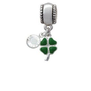 Mini Green Heart Leaves Four Leaf Clovers Charm Bead with Clear Crystal Dangle: Delight: Jewelry