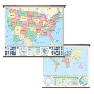 United States / World Map   Pull Down Roller Map with Wall Mount   Universal Map With Wall Mount
