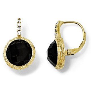 Sterling Silver Gold Plated Onyx & CZ Leverback Earrings: Jewelry