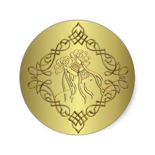 Golden Engraved Look Wedding Round Stickers