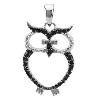 0.25 Carat (ctw) Sterling Silver Round Black Diamond Ladies Owl Pendant: Jewelry