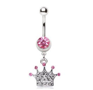 Princess Crown Dangle Navel Belly Ring w/Paved Pink CZ Gems Button Piercing Body Jewelry: Jewelry