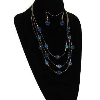 345p 28 Bead String Gold Plated Blue Necklace Earring Set: Jewelry Sets: Jewelry