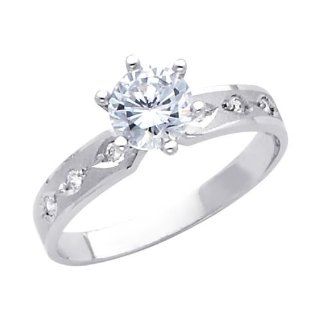 14K White Gold High Polish Finish Round cut Top Quality Shines CZ Cubic Zirconia Ladies Wedding Engagement Ring Band: Jewelry