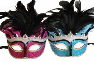 Vintage Venetian Elegant Swan w/ Grand Feathers Design Laser Cut Masquerade Mask for Mardi Gras Events or Halloween   2pc for Couples/Men/Women   Pink & Blue : Facial Masks : Beauty
