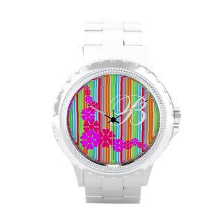 Monogram, Candy stripes, Flowers,Rhinestone Watch