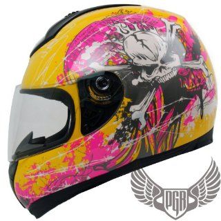 PGR 5007 Full Face Motorcycle Racing Helmet DOT Approved (Medium, Yellow Pink Skull): Automotive