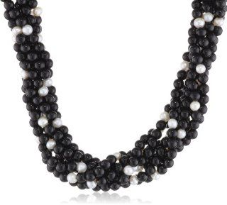 4 4.5mm Black Agate 7 Strand 3.5 4mm Freshwater Cultured White Pearl and Fancy Sterling Silver Magnetic Clasp Necklace (442.32 cttw), 18": Jewelry