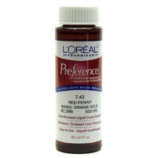 Loreal Preference Permanent Liquid Hair Color #7.43 Red Penny 2 Oz. : Chemical Hair Dyes : Beauty