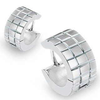 U2U Pair of 316l Surgical Stainless Steel Hoop Earring with Brushed Steel Grooved Square Grids: Jewelry