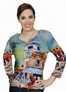 Michael Leu Clothing 3/4 Sleeve, Pre Washed, Pre Shrunk, Dyed using a Special Wash Process, Notch Neck, Multi Colored, Printed Cotton Top   Cafe Capri (Medium) at  Womens Clothing store: Fashion T Shirts