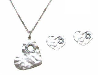 FRonay Sterling Silver Plated Hammered Heart Pendant Necklace with Cubic Zirconias and Matching Earrings Set: Jewelry