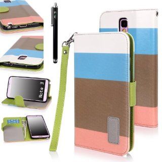 E LV Deluxe PU Leather Wallet Case Cover for Samsung Galaxy Note 3 with 1 Stylus and 1 Clear Screen Protector (Blue Brown Orange): Cell Phones & Accessories