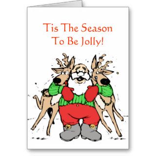 Jolly Santa Hugging Reindeer Funny Christmas Cards