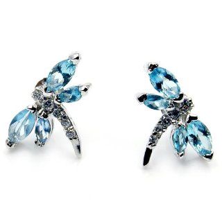 Sterling Silver Blue Topaz Dragonfly Stud Earrings: Jewelry