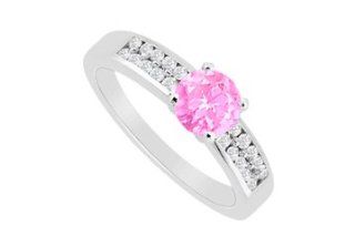 Engagement Ring Pink Sapphire with Channel Set Cubic Zirconia in 14K White Gold 1.25 Carat TGW: Jewelry