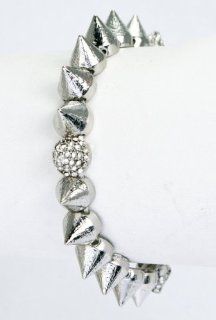 Rhodium Plated Metal Spike Studded Stretch Bracelet with Clear Crystals: Jewelry