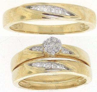 0.25 Carat (ctw) 10K Yellow Gold Round Diamond Men & Women's Cluster Flower Engagement Ring Trio Bridal Set 1/4 CT: Wedding Ring Sets: Jewelry